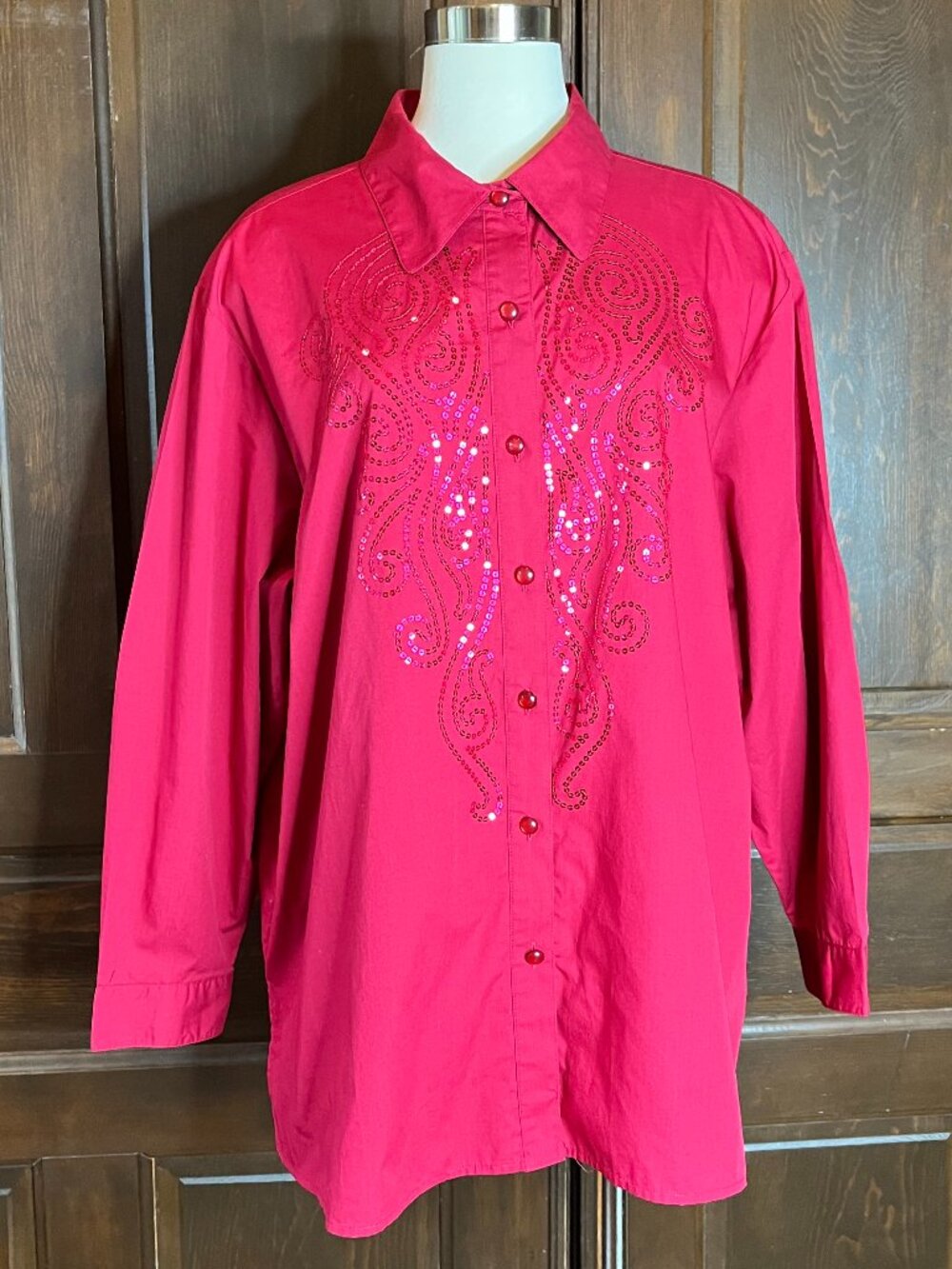 Bob Mackie Wearable Art Sequin Embellished Button Up Shirt Vibrant Red Holiday2X - Picture 11 of 11